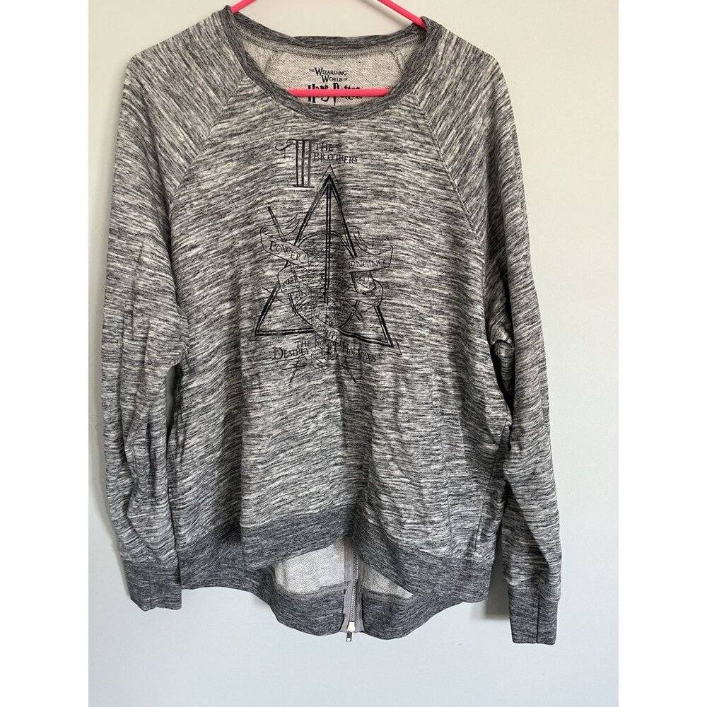 Harry Potter Sweatshirt Womens XL Heather Grey Deathly Hallows Split Zip Tail